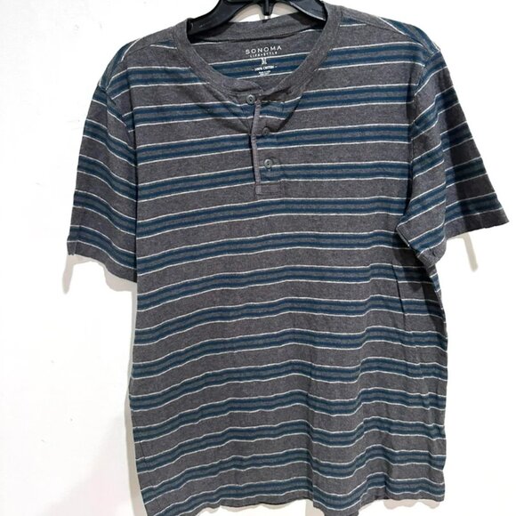 Sonoma Life+Style Men’s M Gray Striped Henley Short Sleeve Casual Shirt Tee - Picture 2 of 4